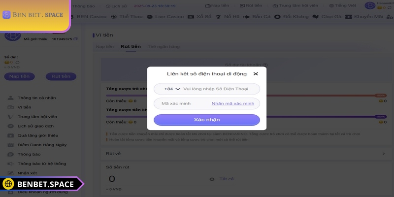 Liên kết số điện thoại là yêu cầu bắt buộc để nạp rút tiền BENBET
